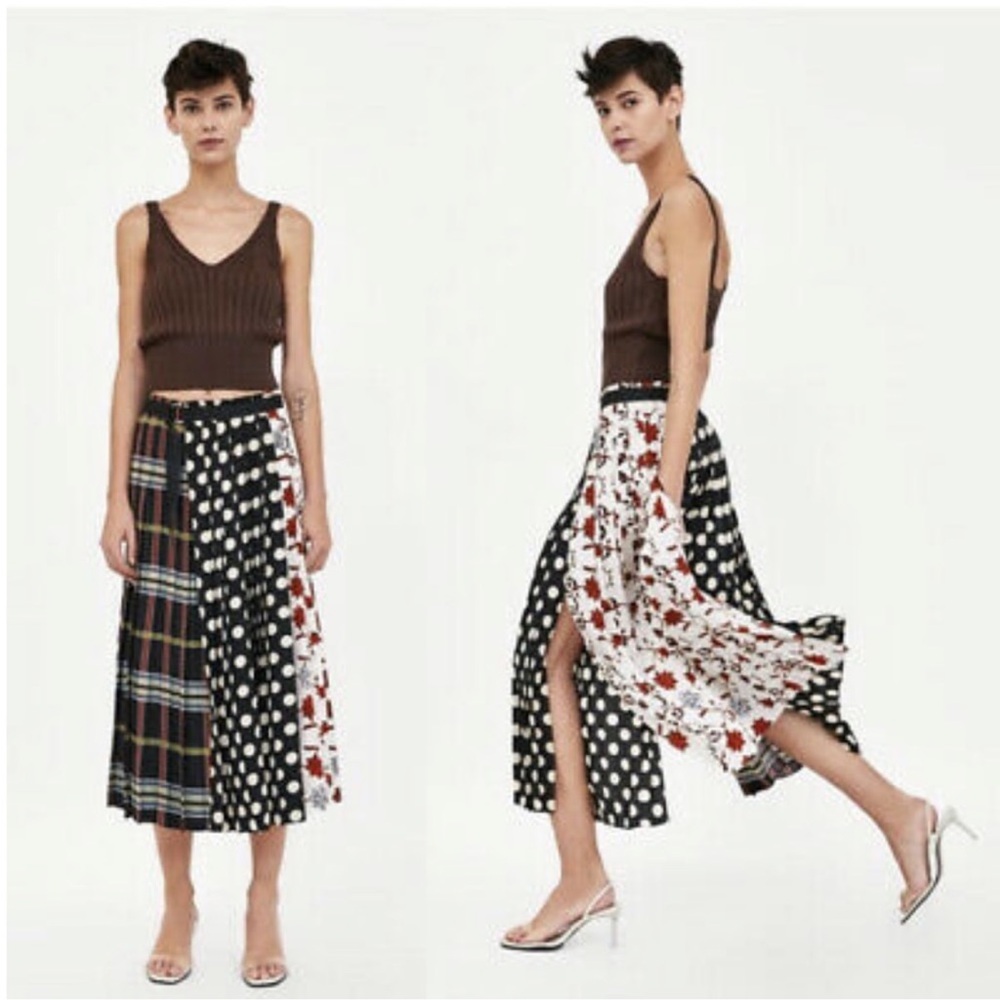 Zara patchwork mixed print pleated midi wrap skirt